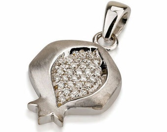 Pomegranate Pendant in 14k White Gold with Diamonds, Jewish Jewelry, Original 7 Species of Israel Jewelry, Fruit of Abundance & Fertility