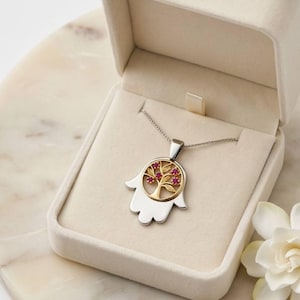 Silver Gold Ruby Hamsa Tree of Life Necklace, Meaningful Gift for Her