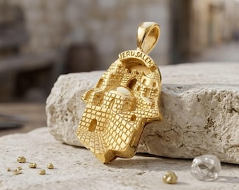 Jerusalem Hamsa Pendant in 14k Solid Gold, Engraved Jerusalem Kotel Western Wall Jewish Jewelry