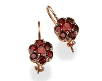 Rose Gold Earrings, Garnet Earrings, Rose Gold Garnet, Flower Earrings, 14k Rose Gold Earrings, Red Gemstone, Floral Design Earrings