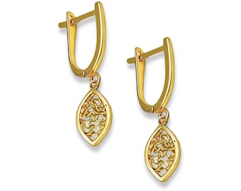 Shema Israel Teardrop Dangling Clasp Earrings in 14k Gold | Hebrew Prayer | Handmade in Israel | Jewish Faith Jewelry | Gift for Her