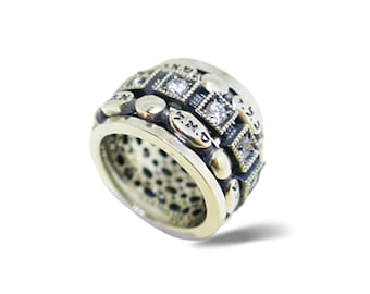 Kabbalah Hebrew Ring with Holy Names in Sterling Silver and Zircon, Double Spinning Ring, Jewish Kabballah Jewelry, Kabbalistic Names of G-d