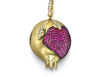 Collar de granada de oro de 18 k, diamante y rubí, colgante y cadena de oro amarillo macizo de 18 k, collar israelí, joyería judía, colgante de fruta