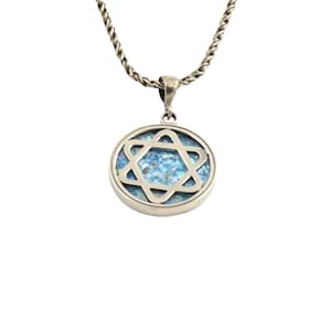 Star of David Roman Glass Necklace in Sterling Silver, Jewish Star Necklace, Blue Roman Glass Magen David Pendant, Rope Chain Necklace