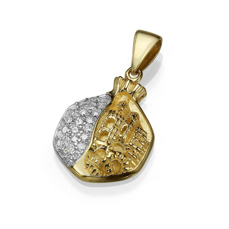 Pomegranate Pendant with Jerusalem Relief in 14K Gold Diamond Studded, Fruit Jerusalem Jewelry, Original 7 Species of Israel, Rosh Hashanah