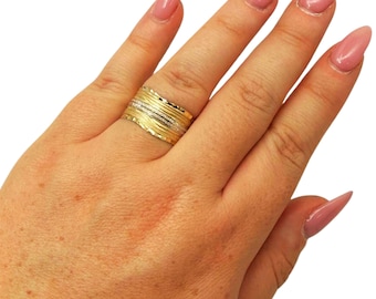 14K Two Tone Gold Ring,  Textured Wide Band  Anniversary Ring