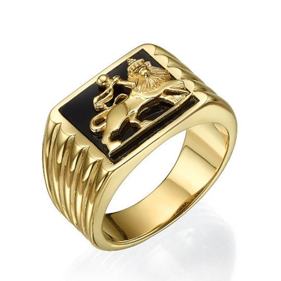 Bob Marley Style Ring Lion of Judah Men's Ring Solid 14k Gold and Onyx Lion  of Judah Ring Men's Signet Ring Black Onyx Signet Ring 