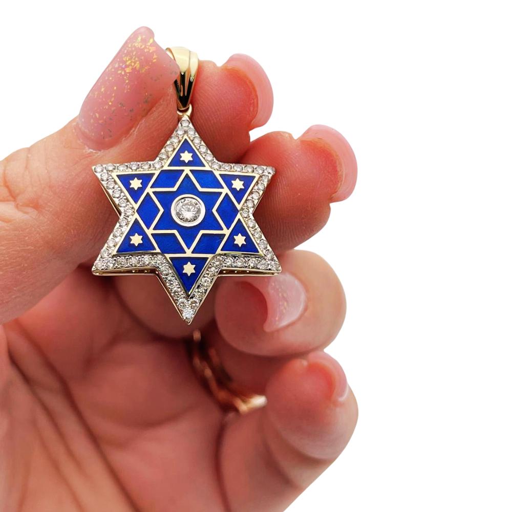 Designer Davidstern Anhänger mit Diamanten, Diamant Magen David Anhänger aus 585er Gold mit blauer Emaille | Schützender Jüdischer Schmuck Israel