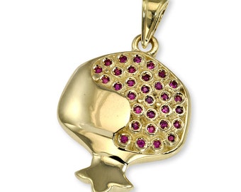 Colgante de granada rubí en oro de 14 quilates, colgante simbólico judío con semillas de rubí y granada, colgante con forma de fruta en oro de 14 quilates, regalos para festividades judías.
