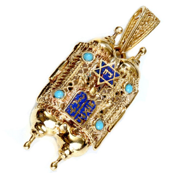 Gold Filigree Torah Scroll Pendant with Turquoise Stones, Solid 14k Gold Enameled Torah Pendant, Judaica Jewelry, Hebrew Jewish Pendants