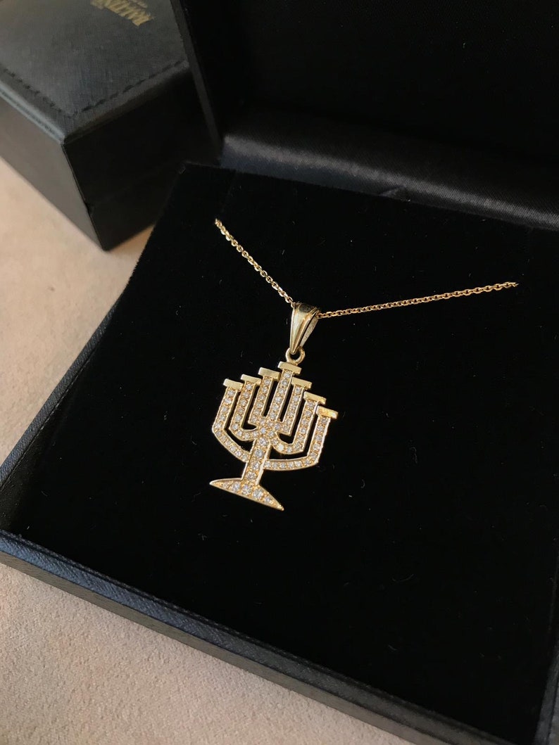 Diamond Menorah Pendant 14K Gold Jewish Pendant Solid 14k Etsy