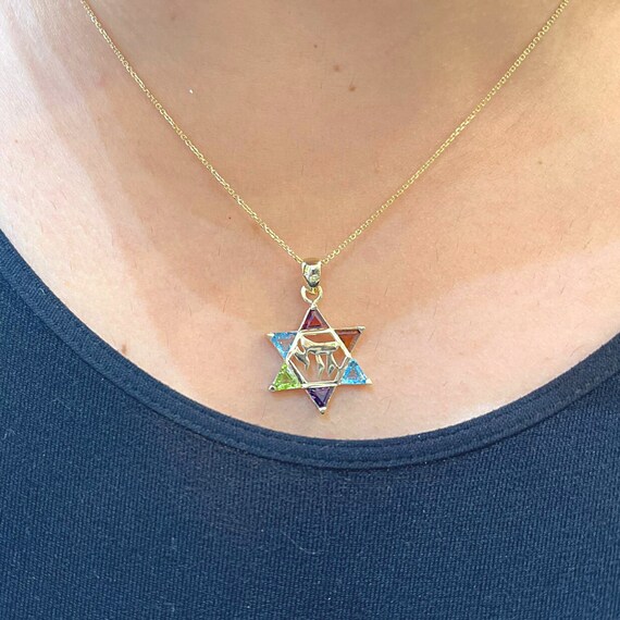 Rainbow Star of David Chai Pendant Solid 14k Gold Jewish Star