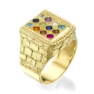 14K Gold Choshen Ring, 12 Tribes Hoshen Ring with Multicolored Stones, Jewish Kotel Jerusalem Ring, Men’s Biblical Western Wall Ring, Israel