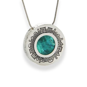 Eilat Stone Necklace in Sterling Silver, Jerusalem Pendant Necklace, Round Pendant, Teal Gemstone Necklace, Jewish Israel Jewelry