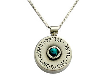 Kabbalah Hebrew Names of Angels Blue Turquoise Necklace en argent sterling, pendentif hébreu gravé, bijoux Archange, fait à la main en Israël