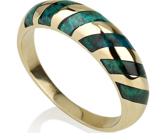 Gold Striped Eilat Stone Ring, Domed 14k Gold Band, Teal Gemstone Ring, Shiny Yellow Gold Ring, Unique Israel Jewelry, Eilat Stone Jewelry