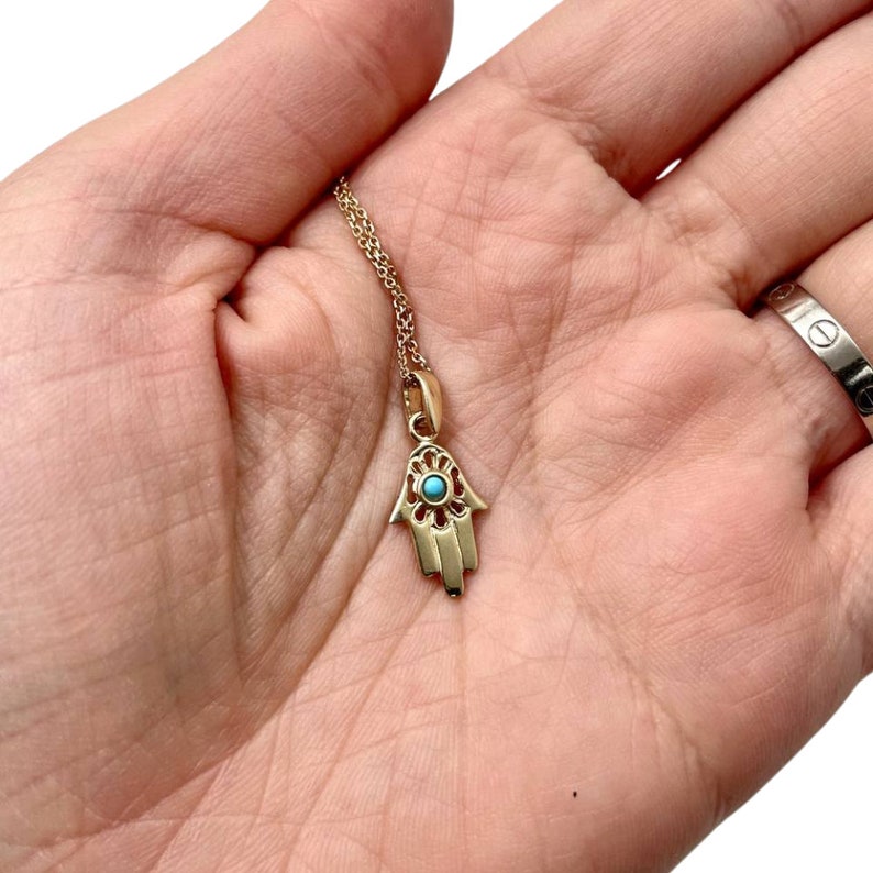 Turquoise Hamsa 14k Gold Pendant, Small Hamsa Charm, Turquoise Necklace Charm, Tiny Gold Hamsa, Protection Pendant, Jewish Pendant