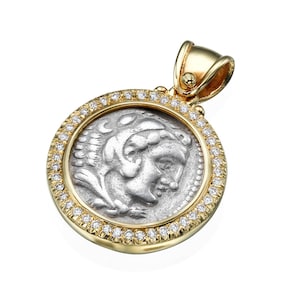 Alexander Coin 14k Gold Diamond Pendant, Ancient Coin Pendant, Alexander the Great Coin, Authentic Greek Coin Pendant, Collectibles Jewelry