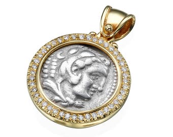 Alexander Coin 14k Gold Diamond Pendant, Ancient Coin Pendant, Alexander the Great Coin, Authentic Greek Coin Pendant, Collectibles Jewelry