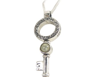 Kabbalah Engraved Key Pendant with Chrysoberyl Stone, Jewish Pendant, Key Charm, Jewish Jewelry, Silver Key Necklace, Israeli Silver Key