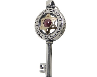 Key Star of David Kabbalah Pendant in Sterling Silver with 14k Gold & Garnet, Kabbalah Garnet Magen David Necklace Charm, Handmade in Israel