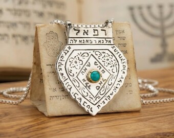 Collar de la Santidad de Ha'ari Kabbalah, turquesa, oro y plata de ley, joyería judía.