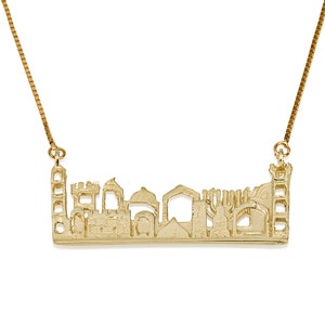 Jerusalem Skyline Necklace Yellow Gold Cut Out with Chain, Jewish Pendant, 14k Yellow Gold Pendant, Jewish Necklace, Jerusalem Pendant.