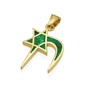 Eilat Stein 14k Gelbgold Chai und Davidstern Anhänger, Magen David Hai Anhänger, grüner Eilat Stein jüdischer Charme, Unterstützung Israel Schmuck