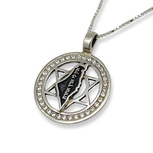 Israel Map with Star of David Kabbalah Necklace in Sterling Silver with Zircons, Am Israel Chai with Magen David Pendant, Handmade in Israel