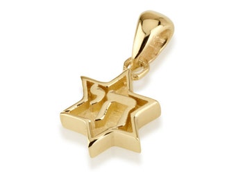 Jüdischer Stern Chai Anhänger, 14k Gold Anhänger, kleiner jüdischer Stern Anhänger, Gold Chai Anhänger, Bat Mitzwah Geschenk, jüdischer Schmuck