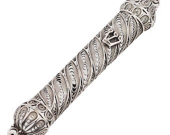 Mezuzah Case with Sterling Silver Filigree, Mezuzah with Scroll for Door, Ornate Mezuza, Yemenite Art Mezzuzahs, Judaica Gifts for Home