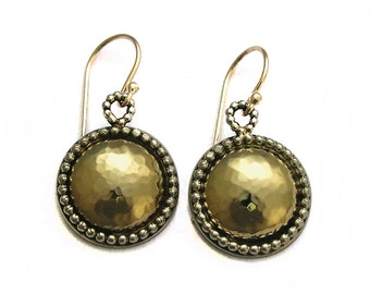 Yemenite Earrings, Sterling Silver and Hammered 14k Gold Ethnic Style Earrings, Round Dangle Earrings, Yemen Jewelry, Israel Jewelry