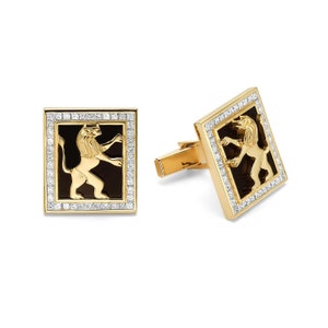 Diamond Lion of Judah Cufflinks in 14K Gold and Onyx, Gift for Him, Father’s Day gift, Diamond Symbol of Israel Cufflinks, Lion Cuff links