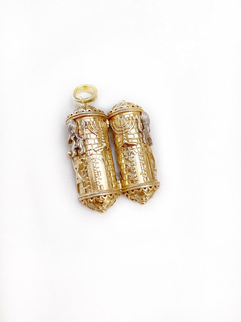 Gold Torah Pendant w Diamonds Two Tone 14k Gold Ten | Etsy