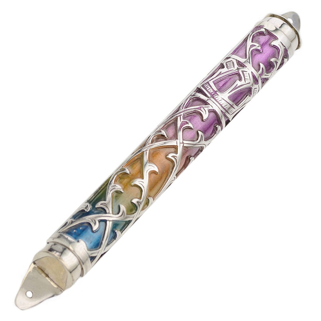 Mezuzah Case in Sterling Silver, Watercolors Mezuzah With Scroll for Door, Colorful Enamel