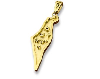Israel Map with Star of David and Am Israel Chai Pendant in 14K Gold, Support Israel Necklace Charm