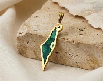 Map of Israel Pendant in 14k Gold with Eilat Stone, Holy Land Jewelry