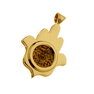 Starożytna moneta Masada Hamsa wisiorek w 14k litego złota, talizman ochronny Hamsa, starożytna moneta z brązu, monety Izraela, starożytna biżuteria monetarna