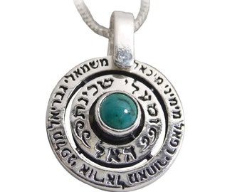 Kabbalah Pendant with Angel Prayer, Turquoise Silver Disc Pendant, Kabbalah Jewelry, Prayer Necklace, Religious Jewelry from Israel