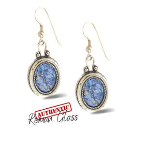 Roman Glass Oval Earrings in Sterling Silver, Elegant Earrings, Original Archeological Roman Glass Jewelry, Handmade Israeli Earrings