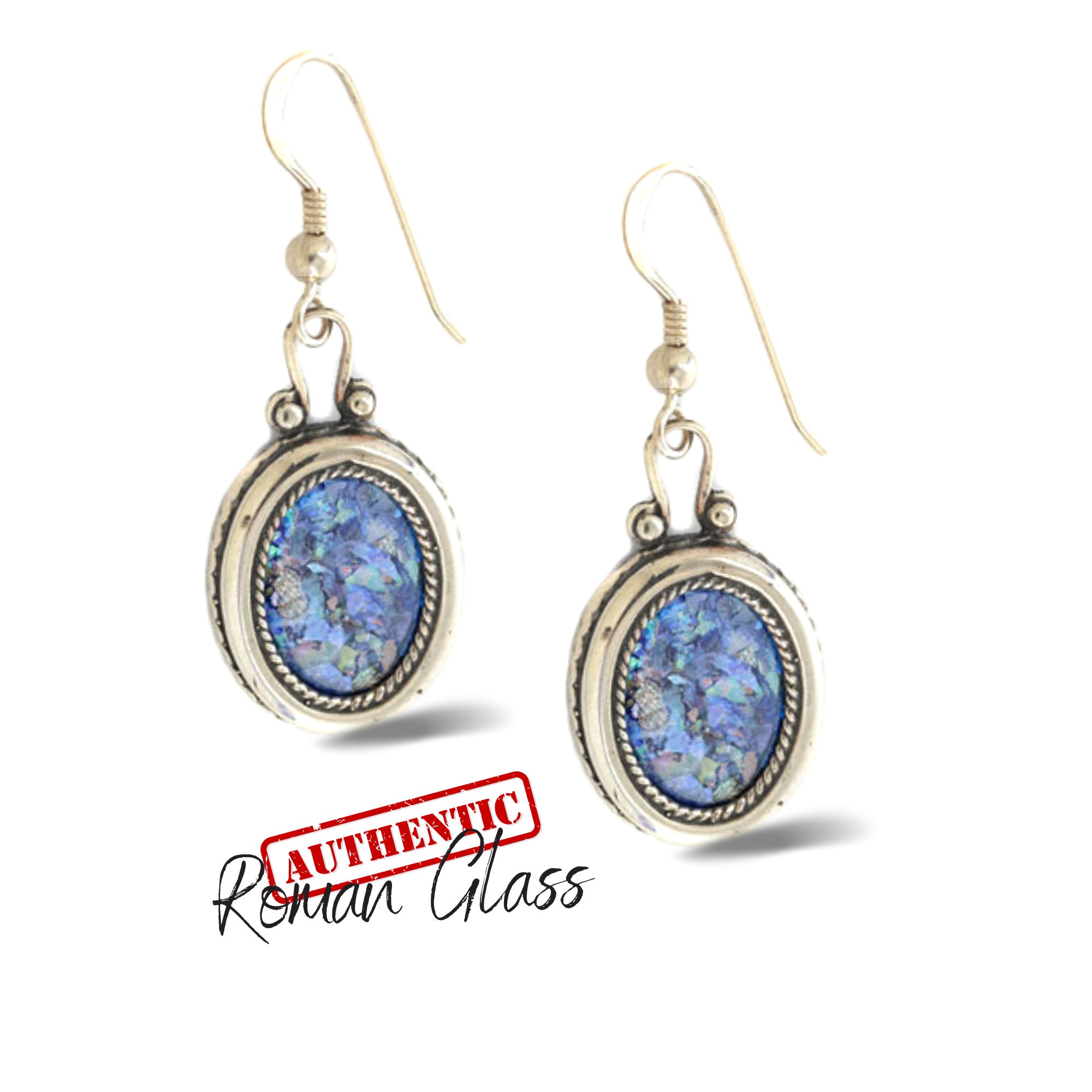 Roman Glass Oval Earrings in Sterling Silver, Elegant Earrings 