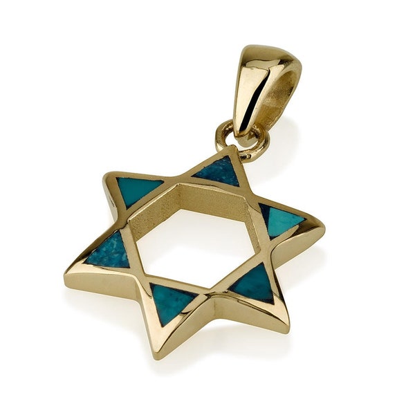 Star of David Pendant in 14K Yellow Gold Domed with Eilat Stone Points, Jewish Star Pendant, Elegant Star Charm, Gold Magen David Pendant