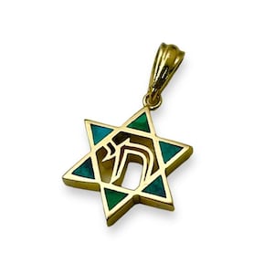 Israeli Eilat Stone Star of David and Chai Pendant in 14k Gold, Jewish Magen David and Hai Protection Pendant, Support Israel Jewelry