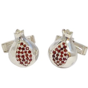 Pomegranate Cufflinks in Sterling Silver with Garnets, Silver Cuff Links, Pomegranate Men&#39;s Jewelry, Jewish Gift for Him, Prosperity Symbol