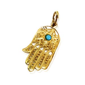 Filigree Hamsa Pendant in 14k Gold with Turquoise, Original Turquoise Protection Charm, Chamsa Hand of Miriam Pendant, Jewish Jewelry
