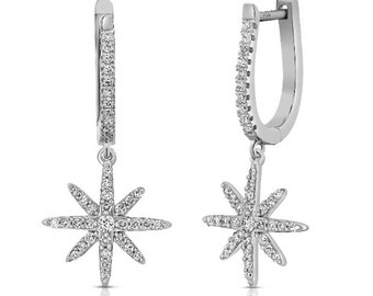 Diamond Starburst Dangle Earrings 14k White Gold, Snowflake North Star Dangling Hoop Earrings, Pole Star, Gift for Her, Handmade in Israel