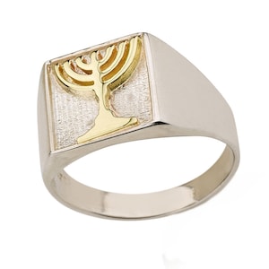 Jewish Menorah Signet Ring, Silver and Gold Ring, Jewish Ring, Sterling Silver & 14k Gold Menorah Ring, Jewish Symbol Ring, Israel Jewelry
