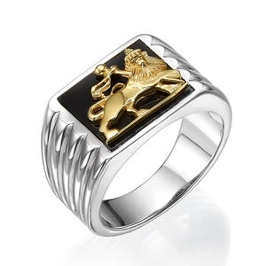 Lion of Judah Men’s Ring, Sterling Silver & 14K Gold Lion Ring, Black Onyx Jewish Signet Ring, Bob Marley Style Men’s Jewelry from Israel