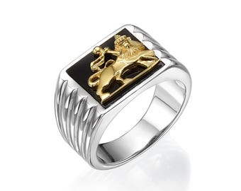 ユダのライオン メンズリング、スターリングシルバー＆14K