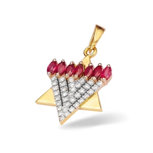 Menorah Pendant in 14k Gold with Diamonds and Rubies, Jewish Hanukah Menorah Pendant, Jewish Jewelry from Israel, Judaica Jewelry